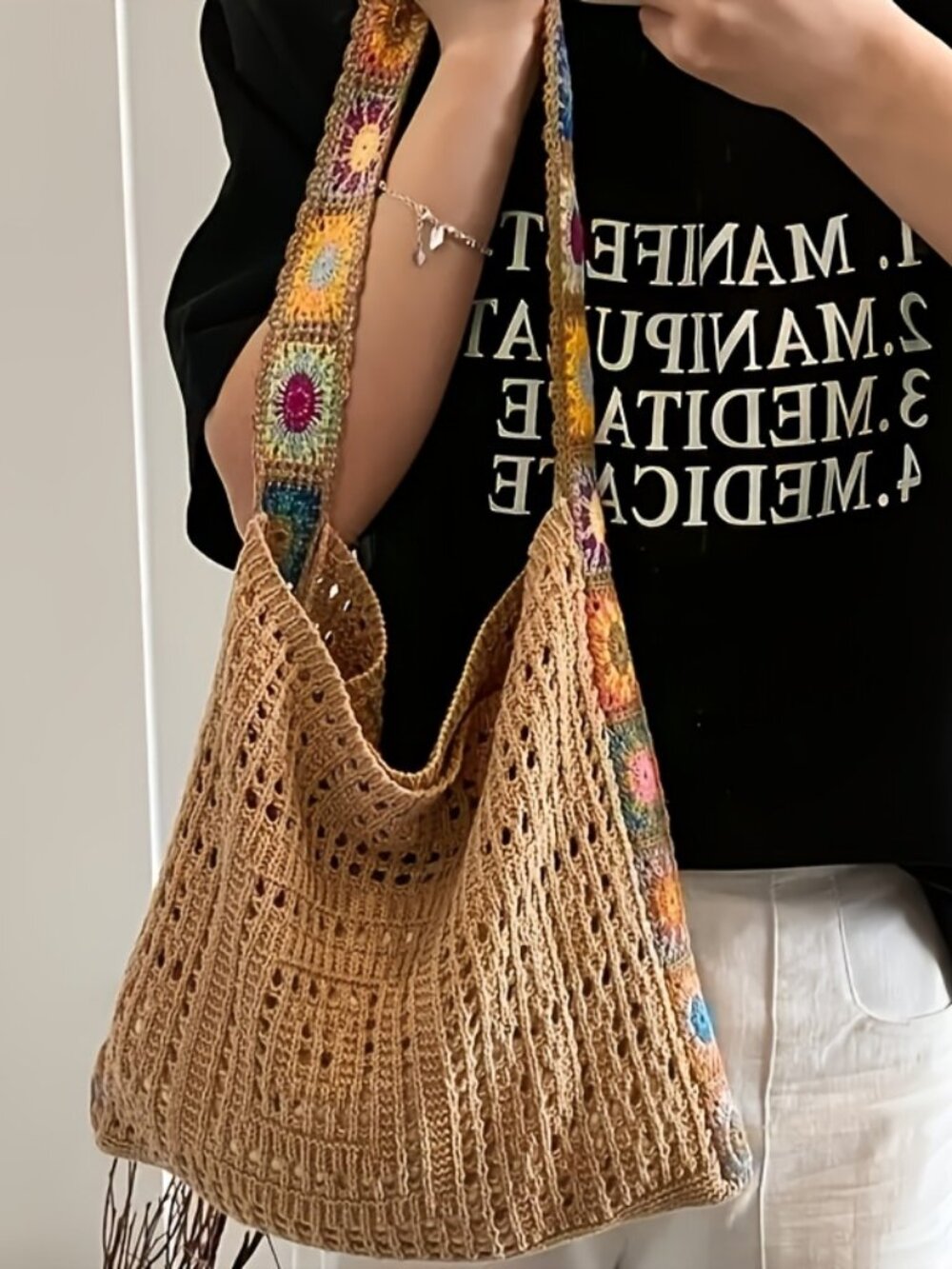 Unbranded Crochet Granny Square Boho Hobo Tan Black Floral‎ Shoulder NEW